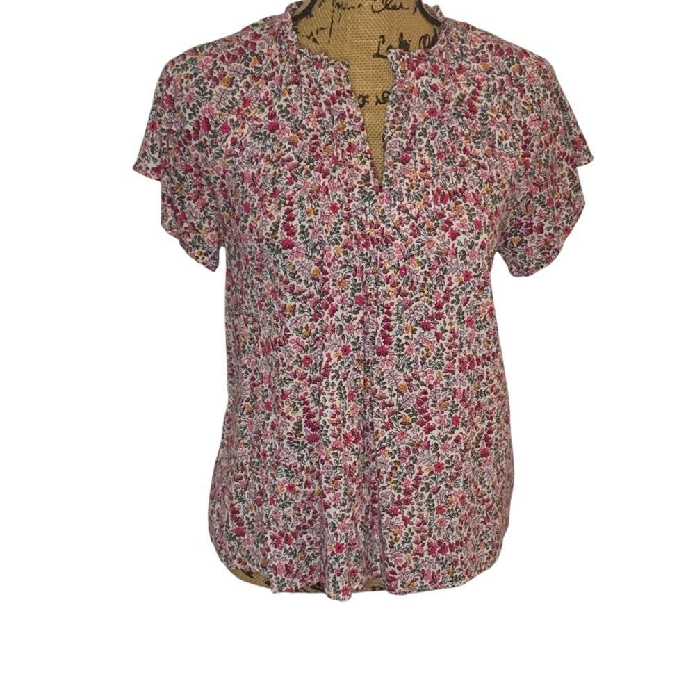 Falls Creek Cotton Multicolor Floral Cap Sleeve Blouse Oversized Small